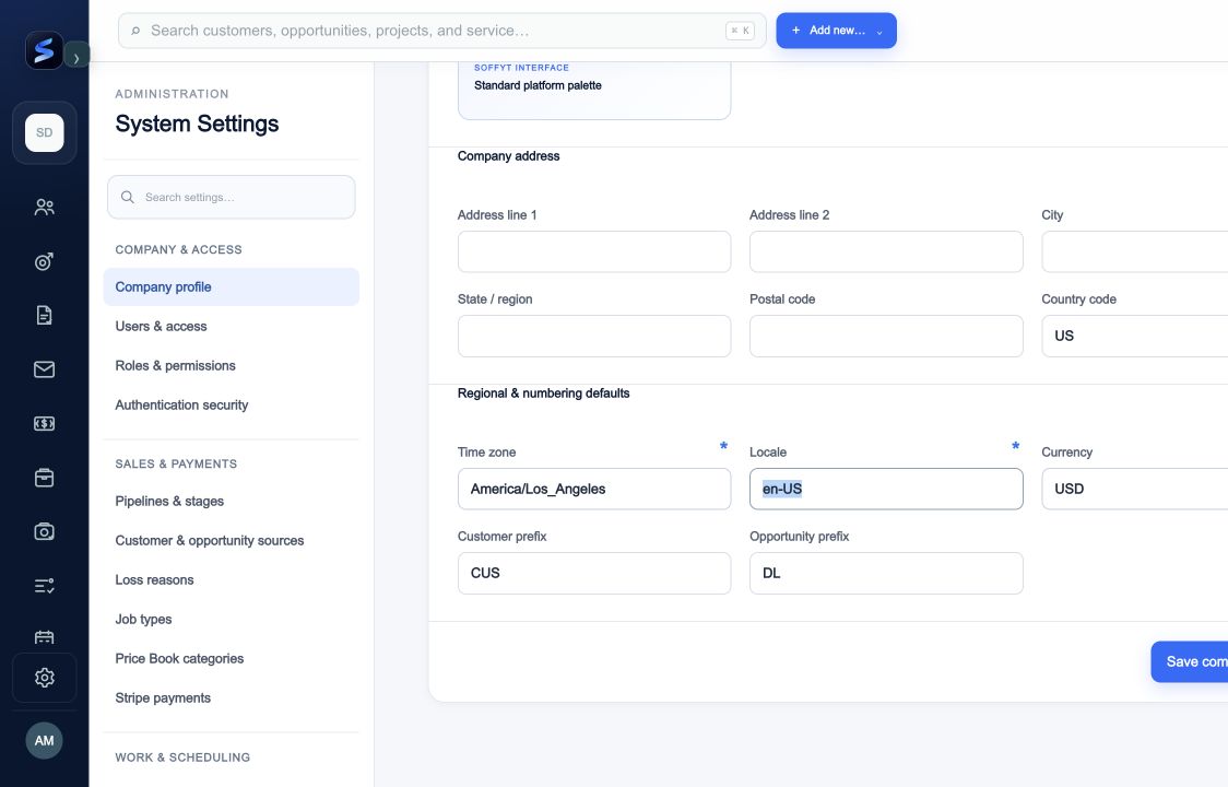 Check regional defaults and record prefixes before saving your company profile.