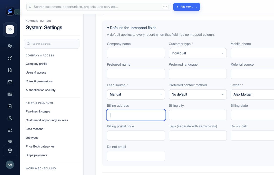 These defaults supply values for fields not mapped from the CSV.